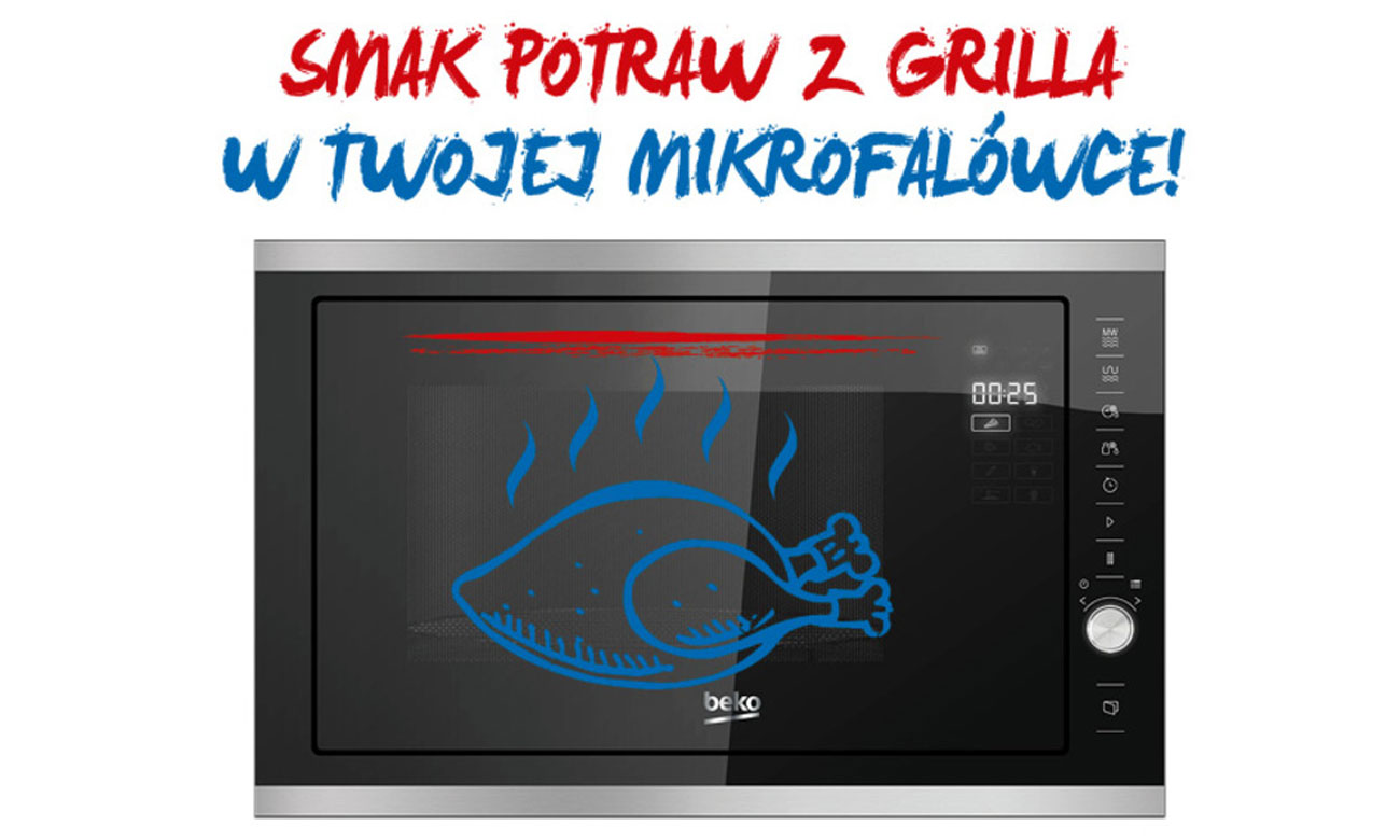Chrupiące potrawy, dzięki grillowi w kuchence mikrofalowej do zabudowy Beko MGB25333WG