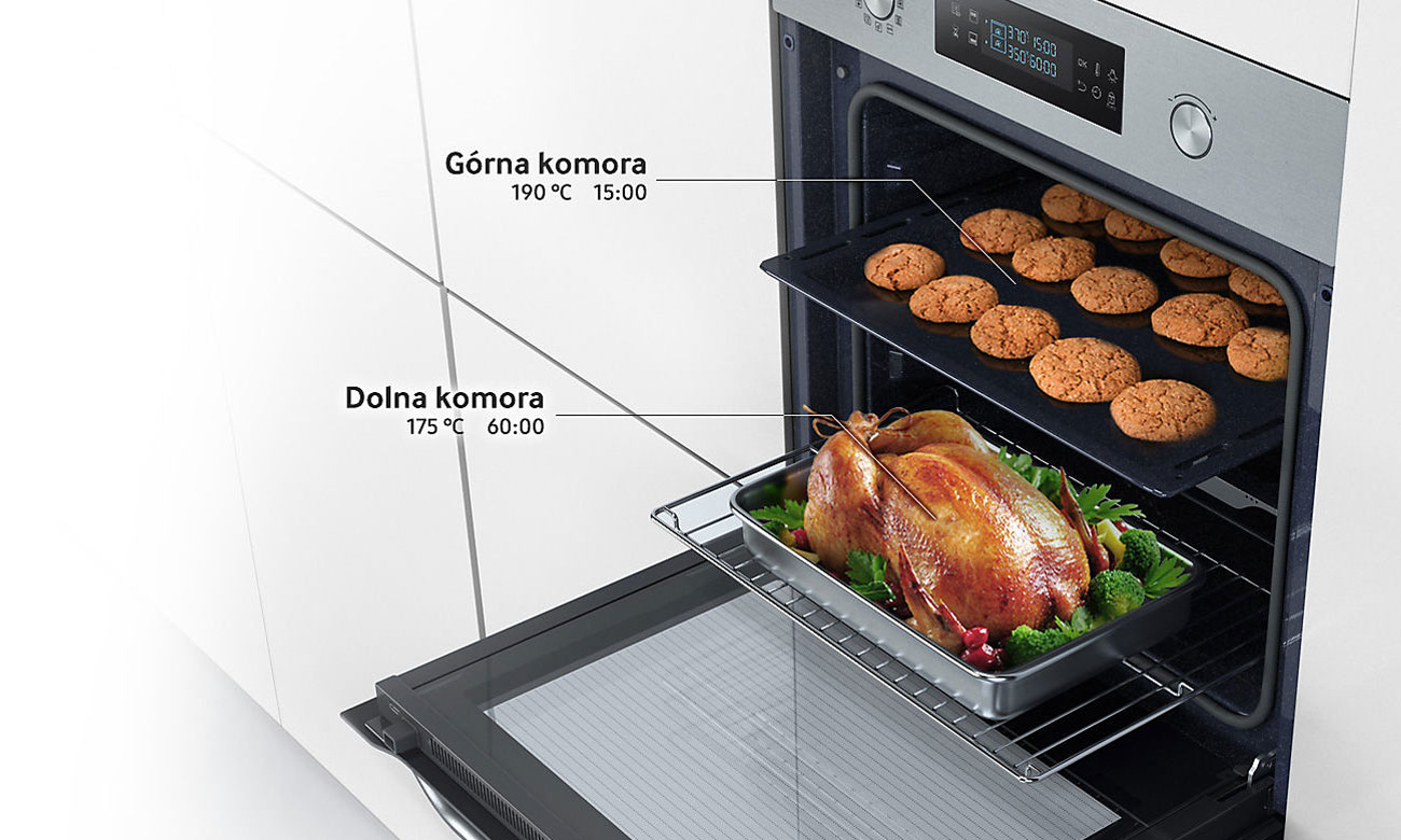 Możliwość podzielenia piekarnika, dzięki technologii Dual Cook w piekarniku Samsung NV66M3531BS