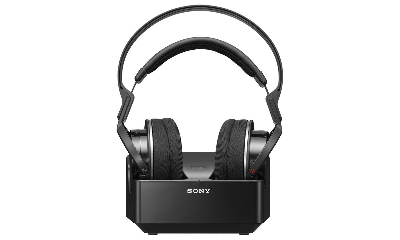 Czarne słuchawki bezprzewodowe ze stacja ładującą Sony MDR-RF855RK