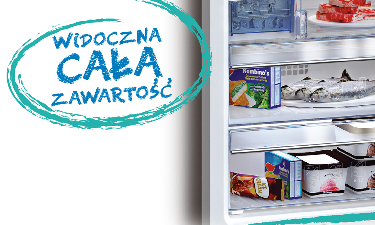 Przeźroczyste szuflady zamrażalnika w lodówce Beko CSA31030X