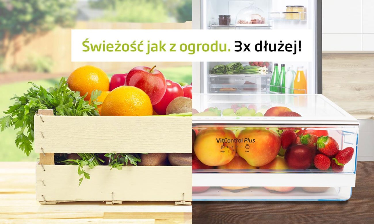 Dłuższa świeżość warzyw i owoców, dzięki pojemnikowi Vit Control Plus w lodówce Amica FK2995.2FTX