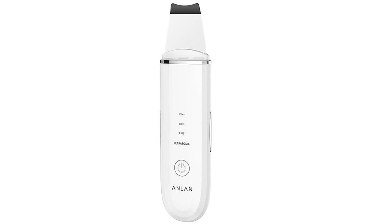 Białe urządzenie ANLAN do peelingu kawitacyjnego z widocznymi trybami: ION+, ION-, EMS, ULTRASONIC, widok z przodu na jasnym tle