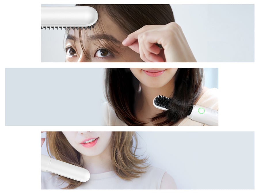 Zbliżenie końcówki jonizującej szczotki ANLAN 05-AZFS41-02A z wizualizacją technologii jonizacji i ochrony włosów