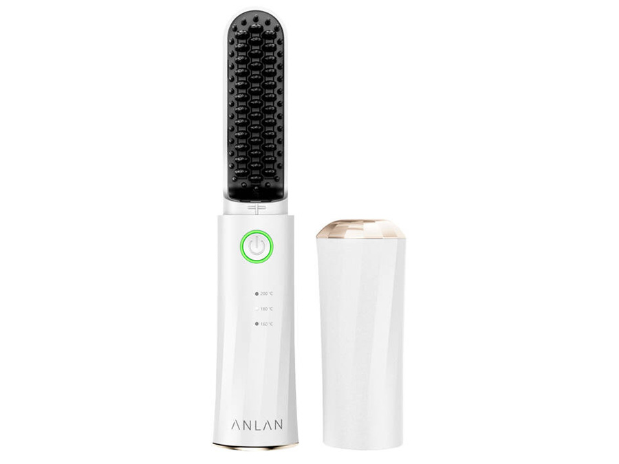 Trzy ujęcia prezentujące różne zastosowania szczotki ANLAN 05-AZFS41-02A – stylizacja grzywki, wygładzanie i modelowanie włosów