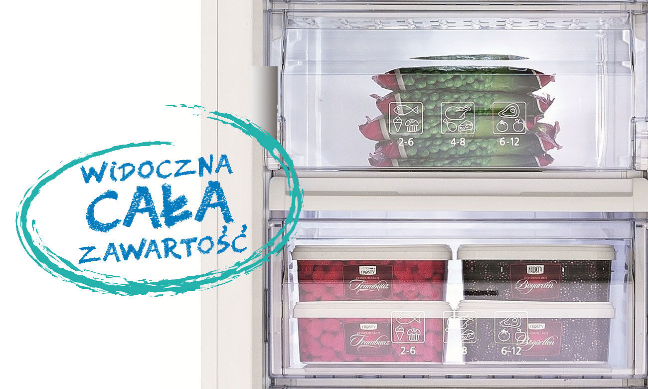 Przezroczyste szuflady zamrażalnika w zamrażarce Beko FS127320