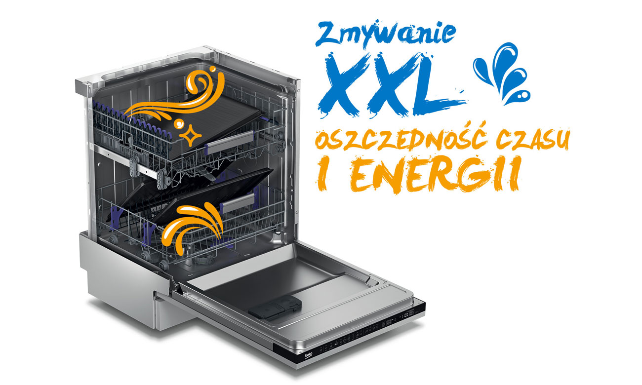 Mycie tac, dzięki uchwytom TrayWash w zmywarce Beko DFN28423X