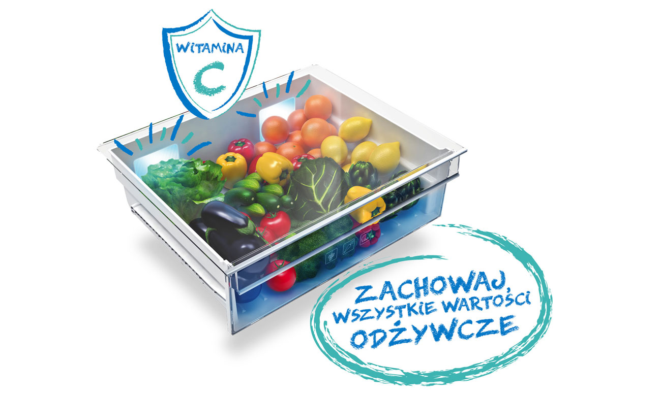 Świeże warzywa i owoce, dzięki systemowi Active Fresh Blue Light w lodówce Beko GN163220X