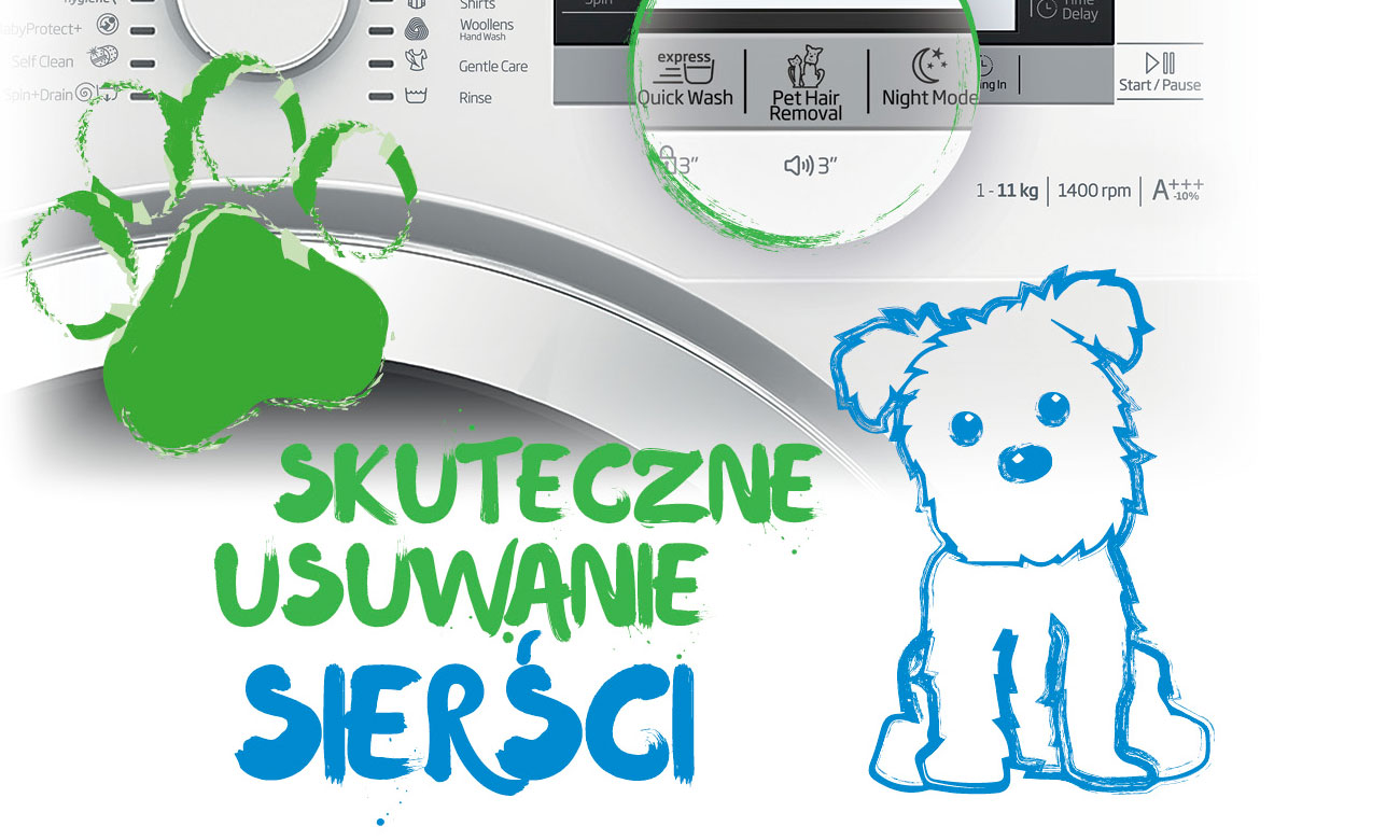 Wydajne pranie ubrań z sierści, dzięki funkcji Pupil w pralce Beko WRE5612BSW