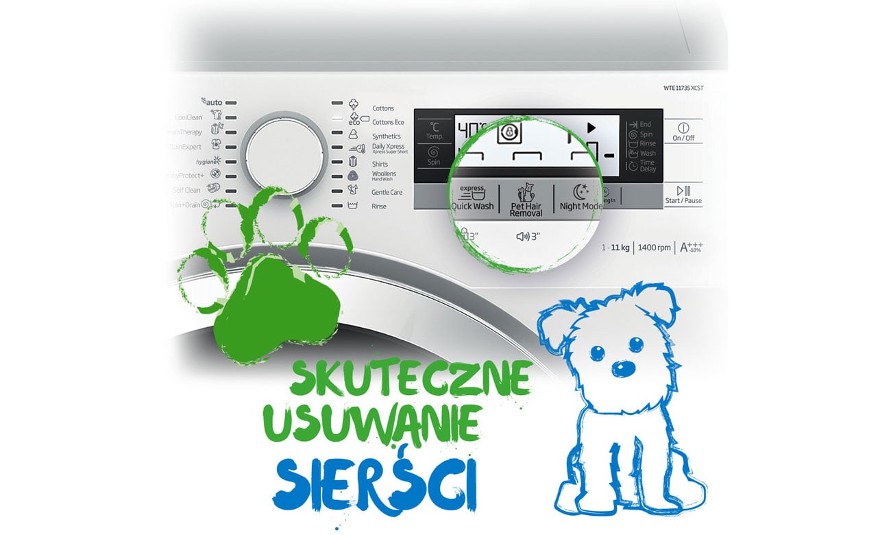 Skuteczne pranie odzieży z sierści zwierząt, dzięki funkcji Pupil w pralce Beko WRE6512BSS
