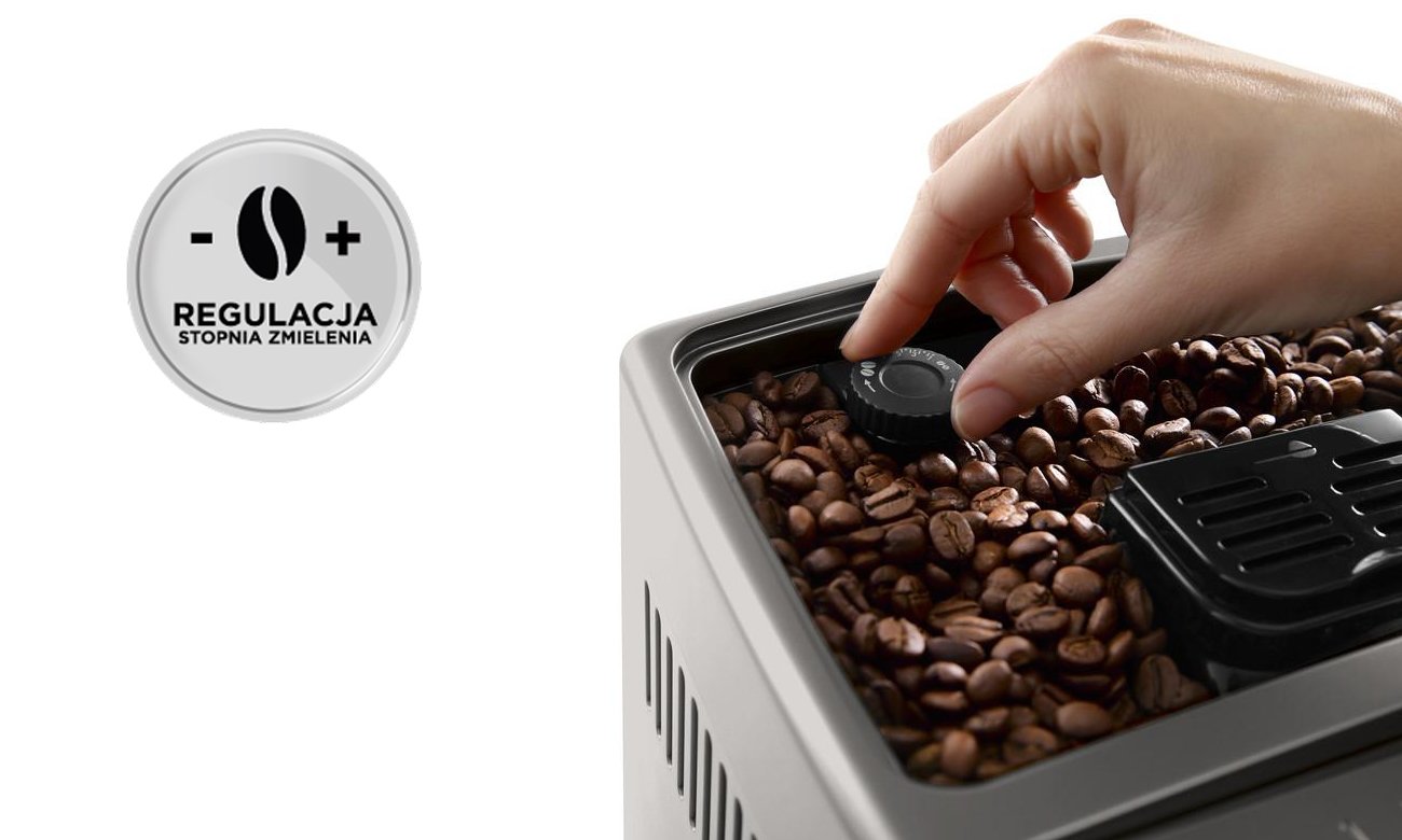 Ekspres do kawy DeLonghi ECAM 370.95.T Dinamica Plus ma młynek stalowy z 13-stopniową regulacją