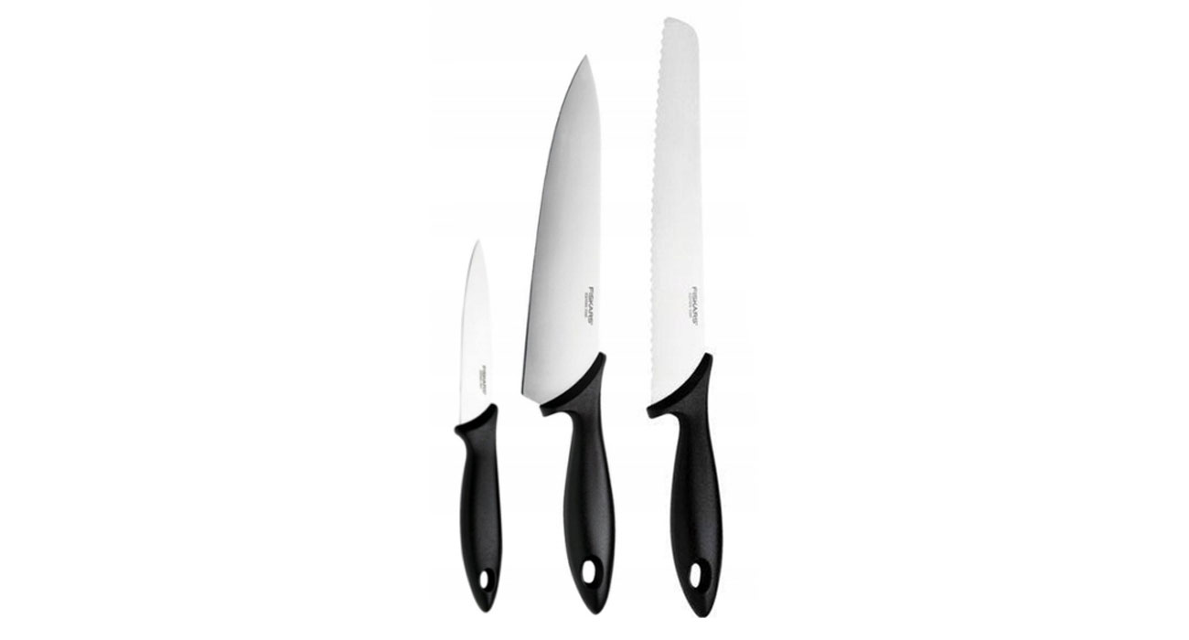 zawartość zestawu Essential 1023784 nóż do chleba nóż szefa kuchni nóż do obierania i krojenia fiskars