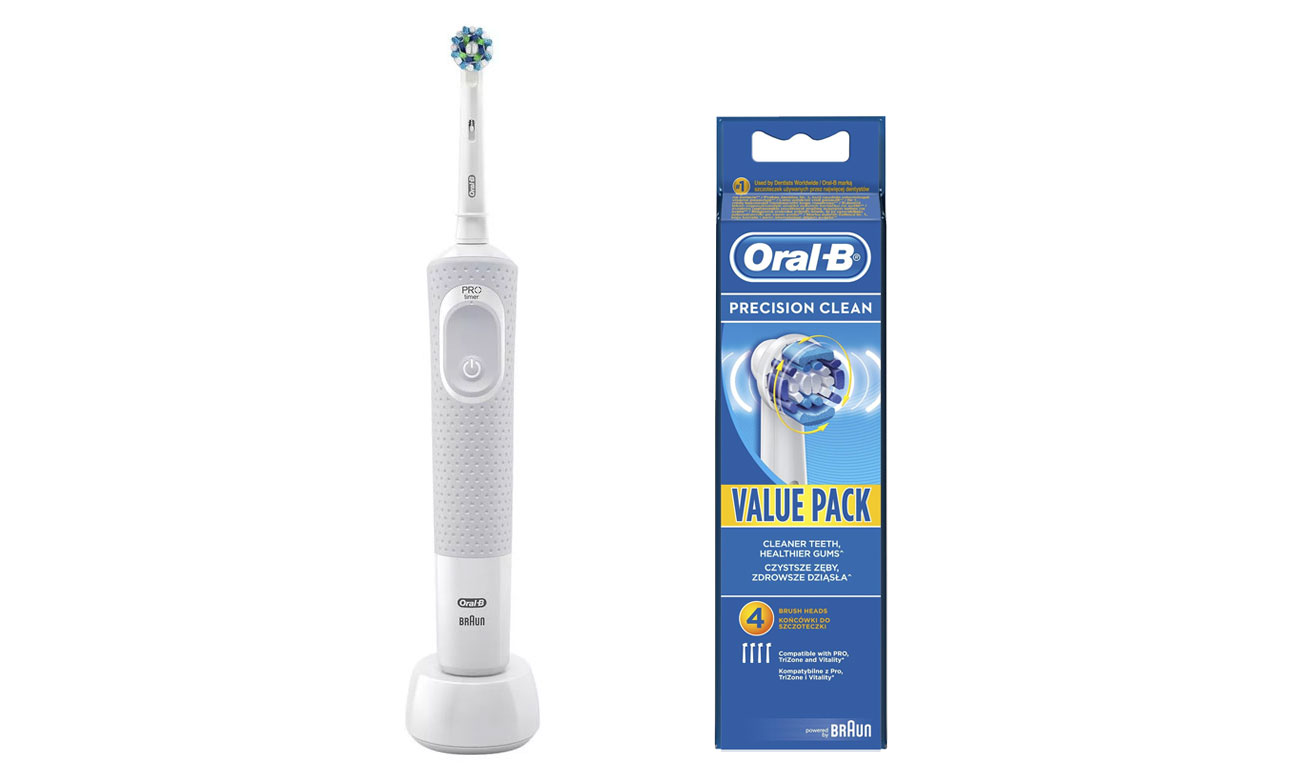Szczoteczka elektryczna Oral-B Vitality 100 CrossAction White D100 BK CA + końcówki Oral-B Precision Clean EB20-4