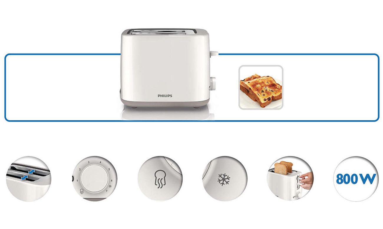 Philips HD 2595/00 800W biały wydajny toster nienagrzewający się