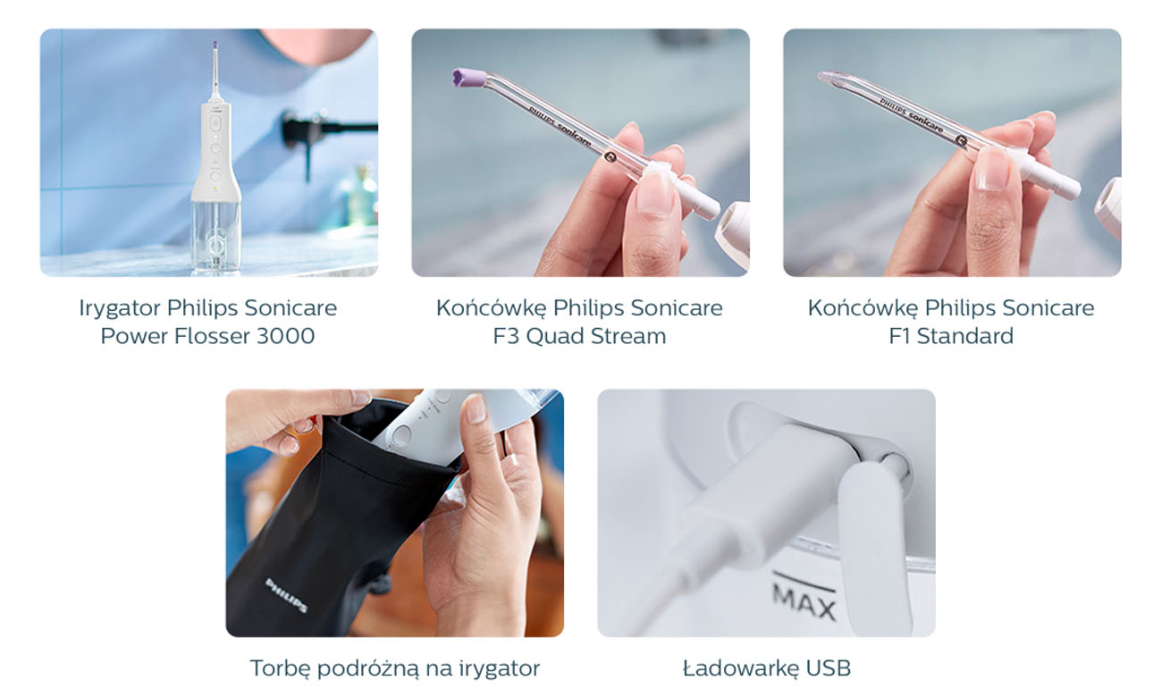 zestaw akcesoria Irygatora Philips Sonicare Flosser 3000 HX3806/31 końcówka F3 quad stream F1 standard torba podróżna ładowarka USB