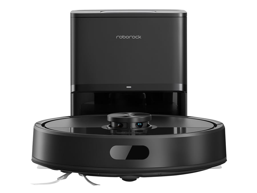 Robot sprzątający Roborock Q7 TF + Black na białym tle ze stacją ładującą widok od przodu