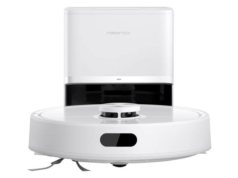 Robot sprzątający Roborock Q7 TF + White na białym tle ze stacją ładującą widok od przodu