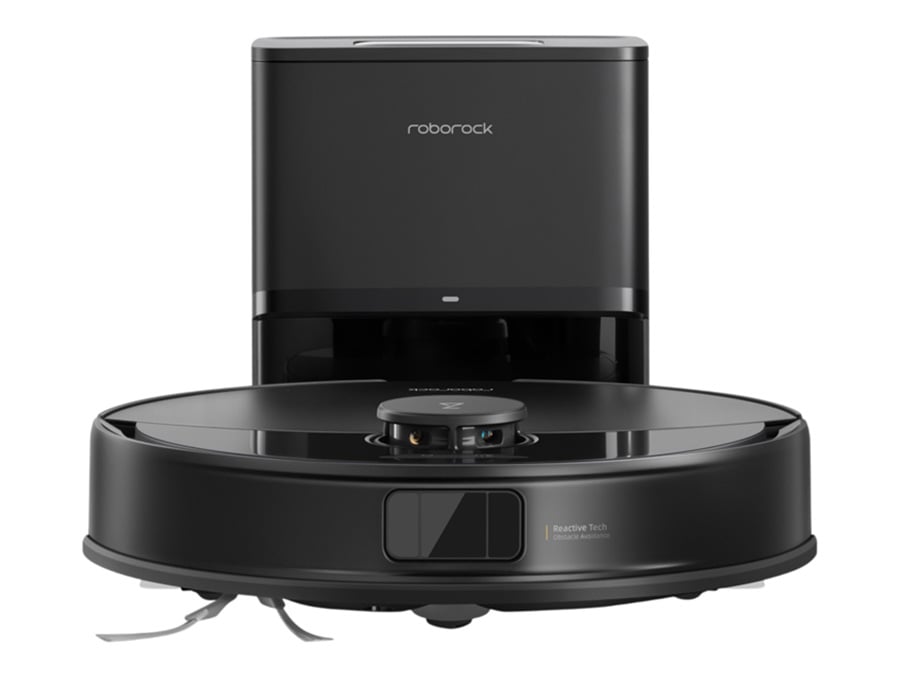 Robot sprzątający Roborock Q10 umieszczony w stacji ładująco-czyszczącej, widok z przodu prezentujący detale urządzenia