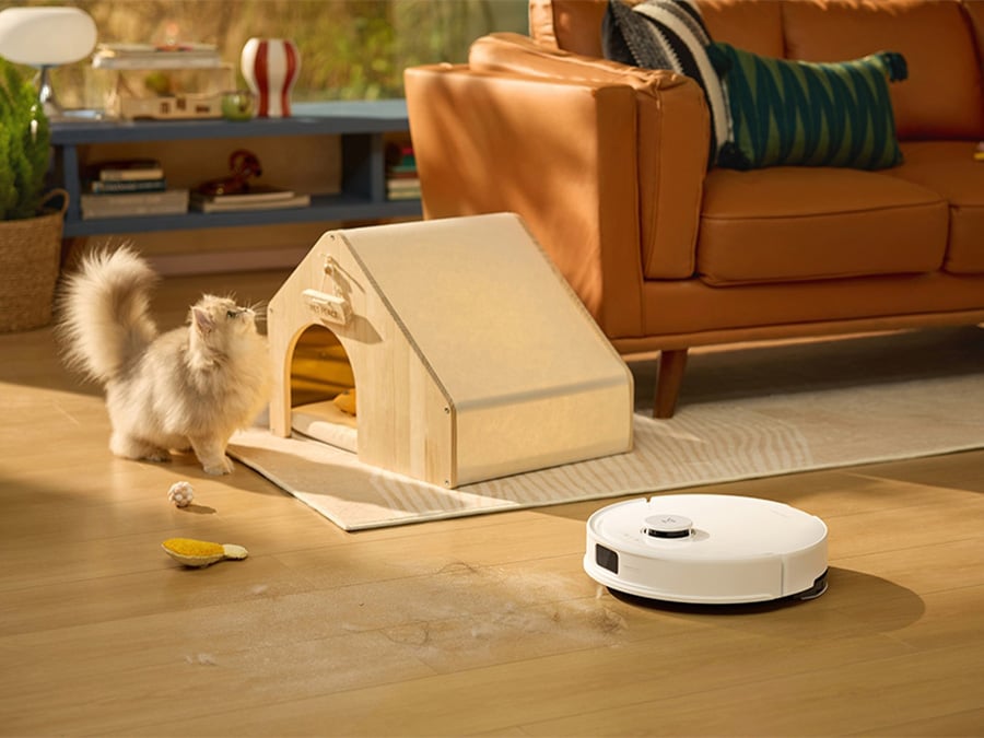 Robot sprzątający Roborock Q10 podczas pracy w salonie, obok bawiący się kot przy legowisku; na podłodze widoczne sierść i zabawki