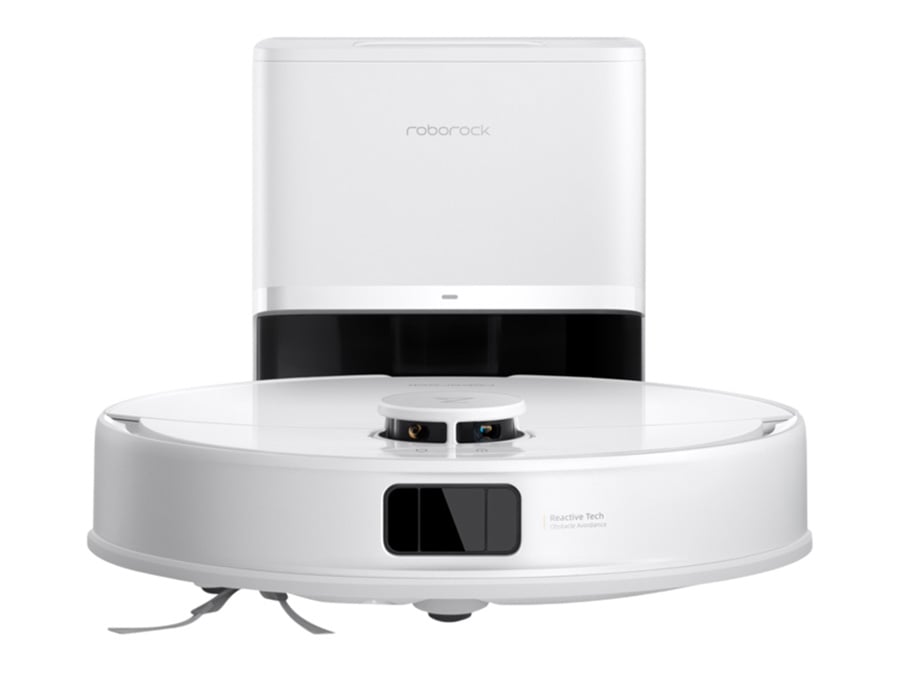 Robot sprzątający Roborock Q10 umieszczony w stacji ładująco-czyszczącej, widok z przodu prezentujący detale urządzenia