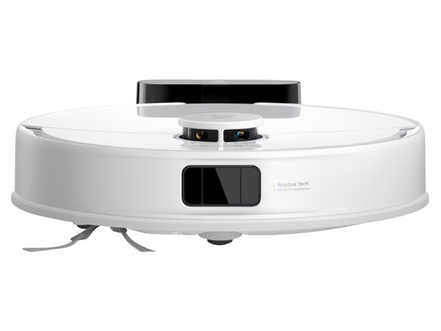 Zbliżenie na robot sprzątający Roborock Q10 PF White od frontu, z widoczną kamerą i stacją dokującą