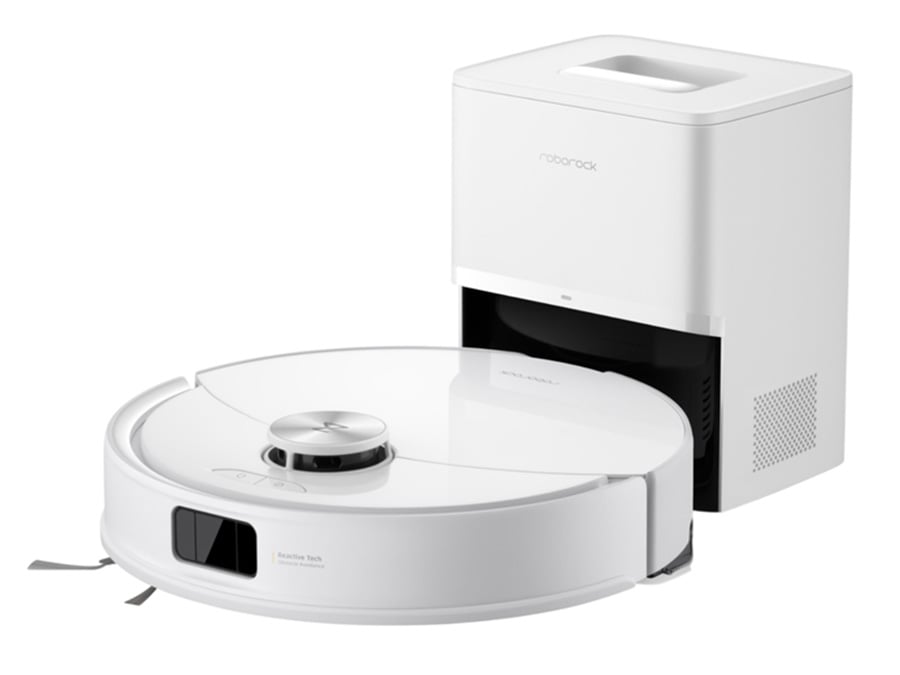 Robot sprzątający Roborock Q10 VF+ White na białym tle ze stacją ładującą