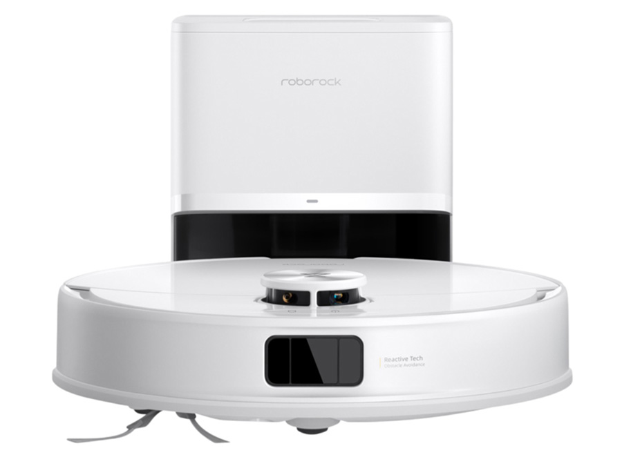 Robot sprzątający Roborock Q10 VF+ White na białym tle ze stacją ładującą widok od przodu