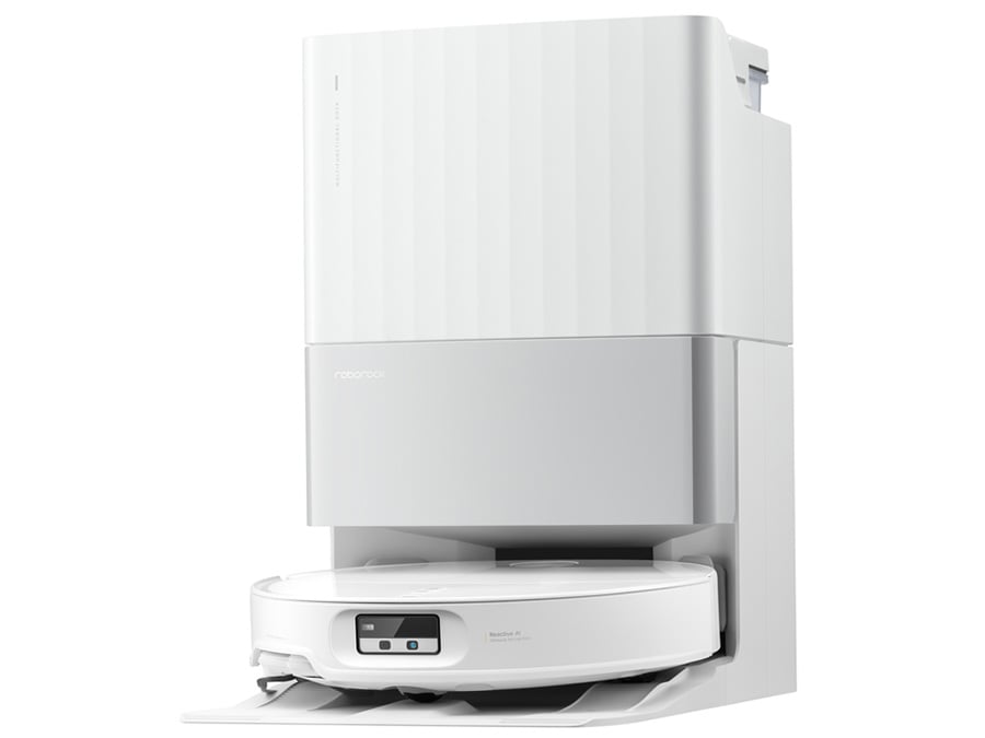 Stacja bazowa z dokującym robotem Roborock Qrevo Edge T White pokazana z przodu – widoczny nowoczesny, elegancki design urządzenia