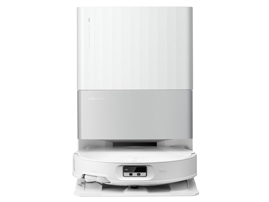 Robot sprzątający Roborock Qrevo Edge T White dokujący w stacji ładująco-czyszczącej, widok z przodu na cały zestaw