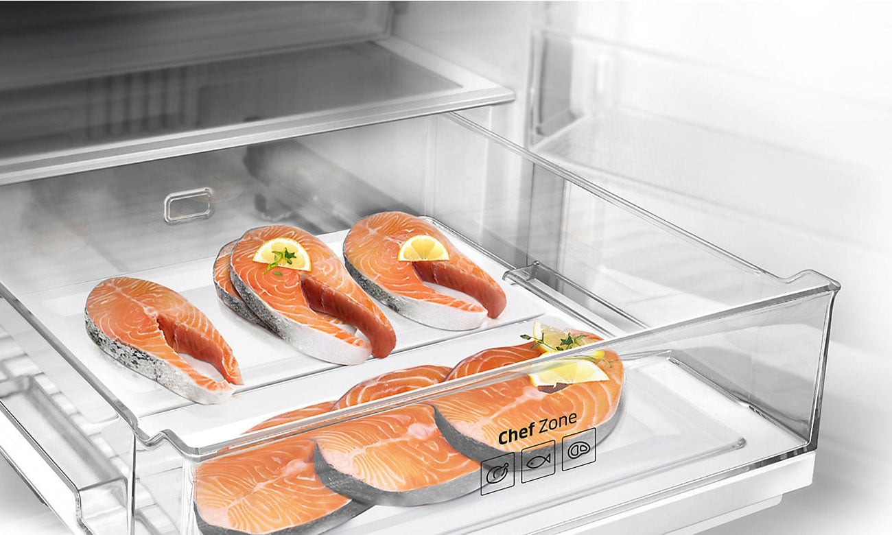 Odpowiednia temperatura przechowywania mięsa i ryb, dzięki strefie Chef Zone w lodówce Samsung RB36J8799S4
