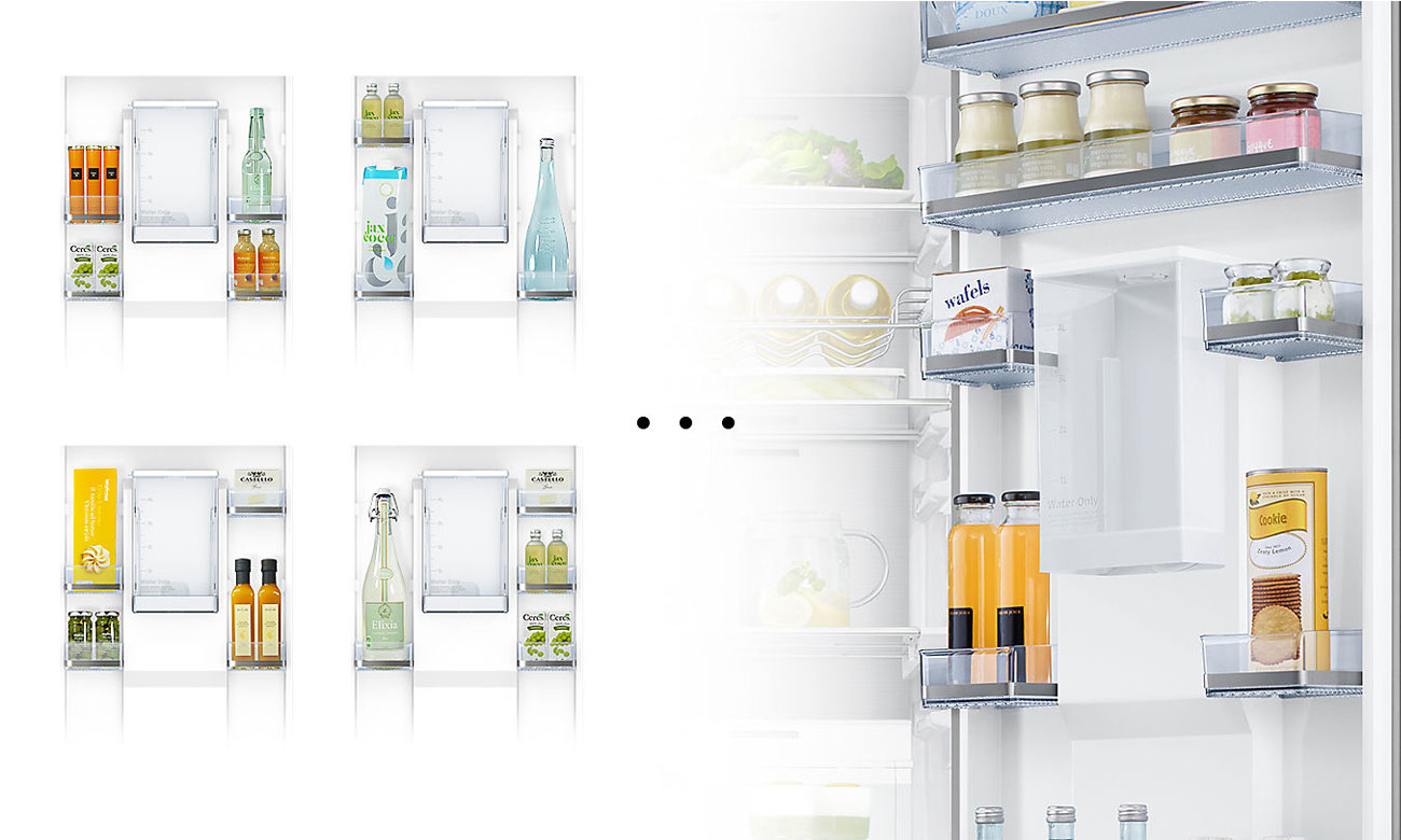 Możliwość pomieszczenia dużych produktów, dzięki rozwiązaniu Adjustable Door Bin w lodówce Samsung RR39M7320S9