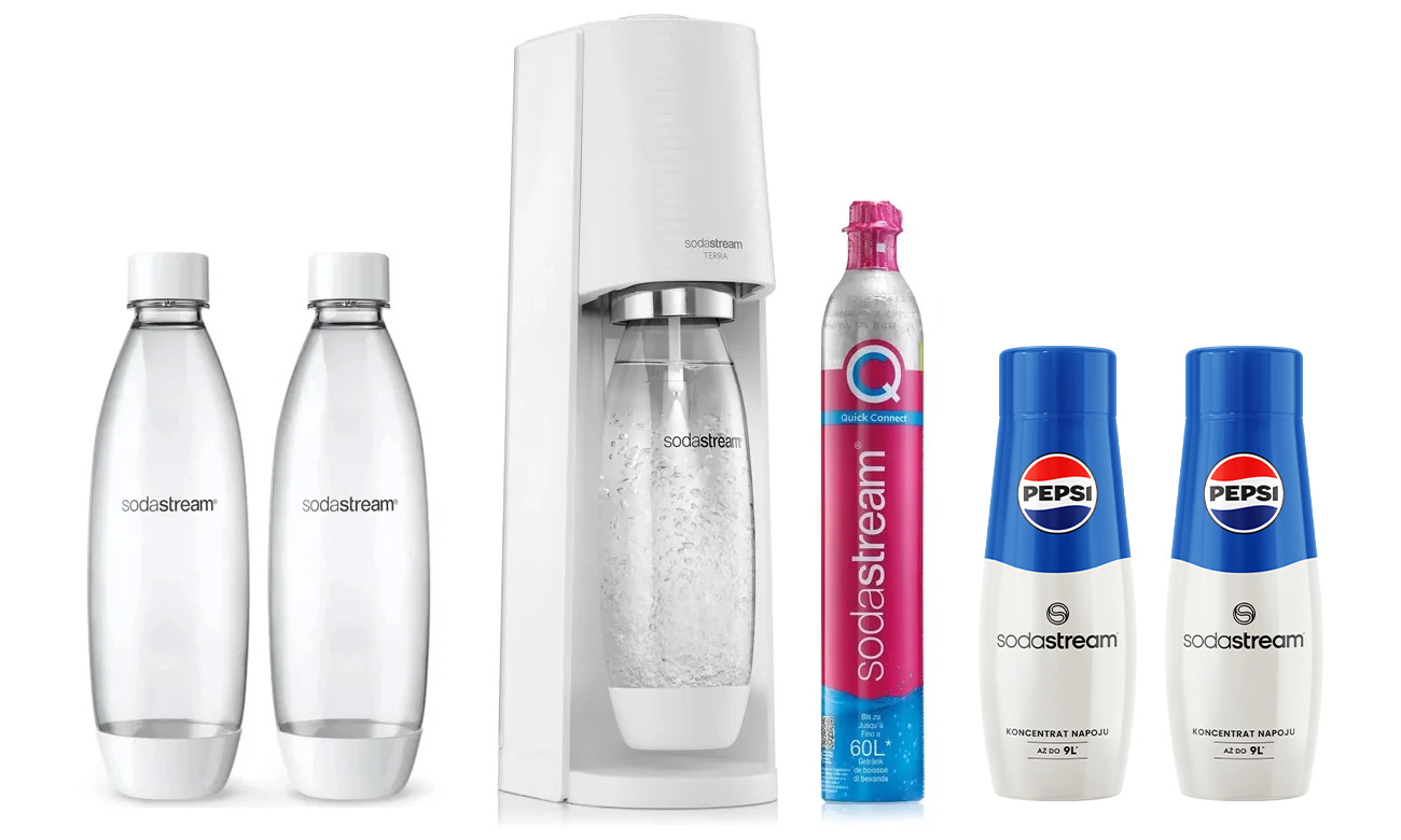 SodaStream TERRA WHITE + 2x BUTELKA FUSE 1L + 2x SYROP PEPSI