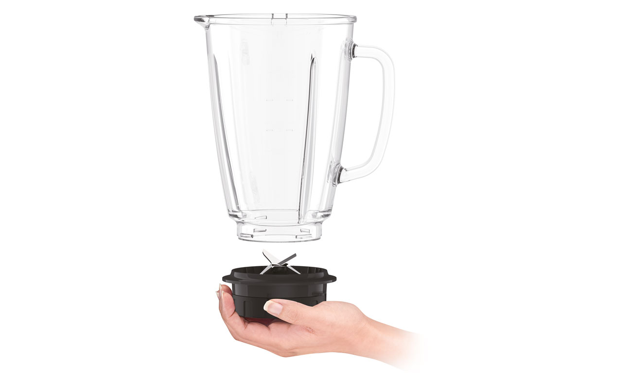 Blender kielichowy Tefal Blendforce BL435831 ma szklany kielich i miarkę wewnątrz