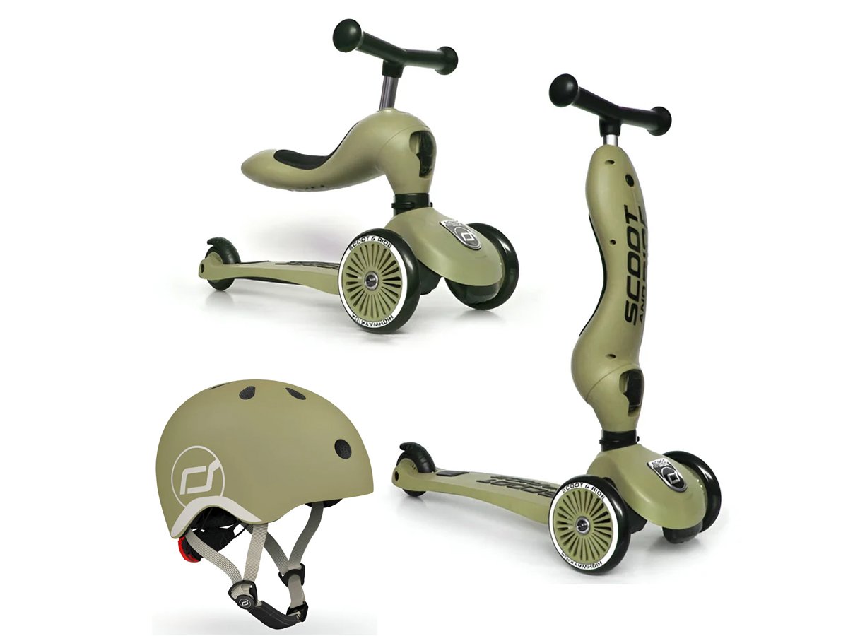 Scoot & Ride Highwaykick 1 Jeździk i hulajnoga 2w1 + kask XXS-S Olive