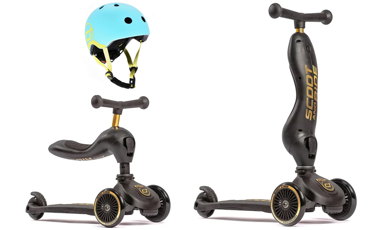 Scoot & Ride Highwaykick 1 Black & Gold LE + kask XXS-S Blueberry