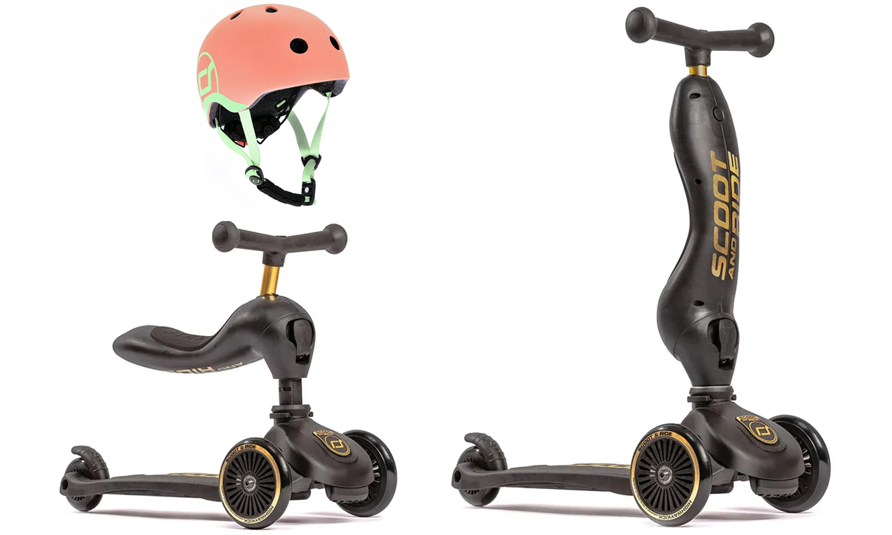 Scoot & Ride Highwaykick 1 Black & Gold LE + kask XXS-S Peach