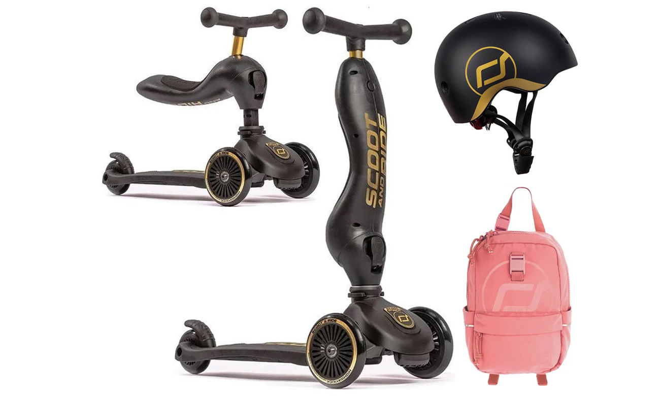 Scoot & Ride Highwaykick 1 jeździk i hulajnoga 2w1+kask S-M Gold+Plecak
