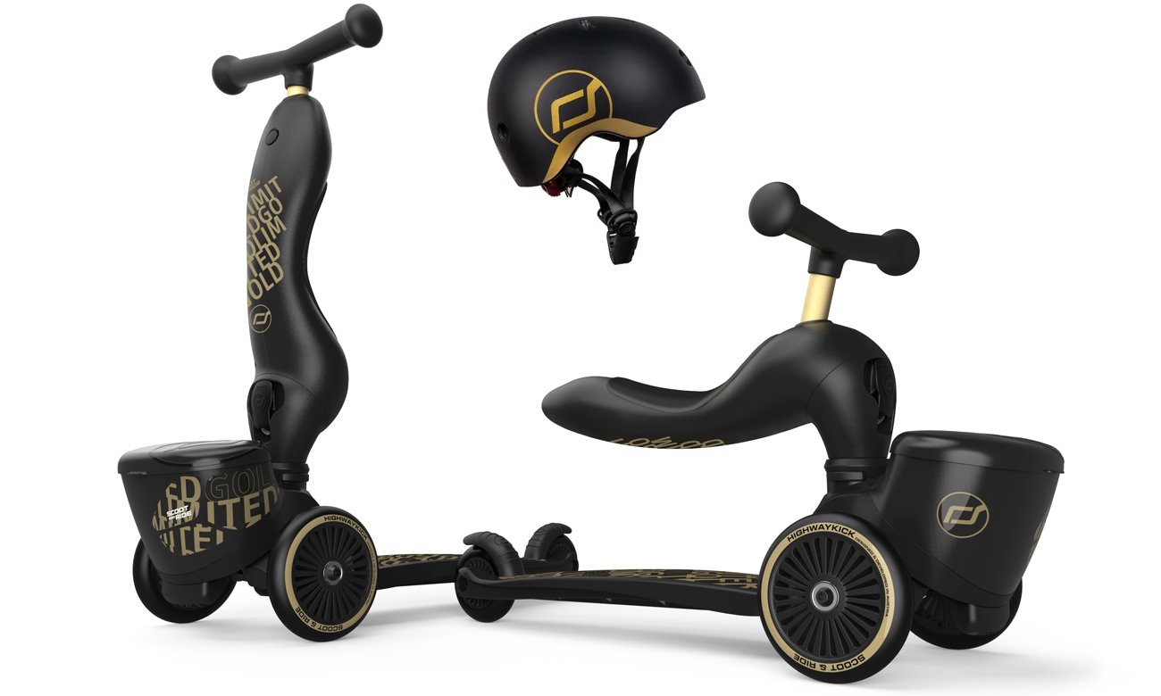 Scoot & Ride Highwaykick 1 Jeździk i hulajnoga 2w1 +kask XXS-S Black&Gold