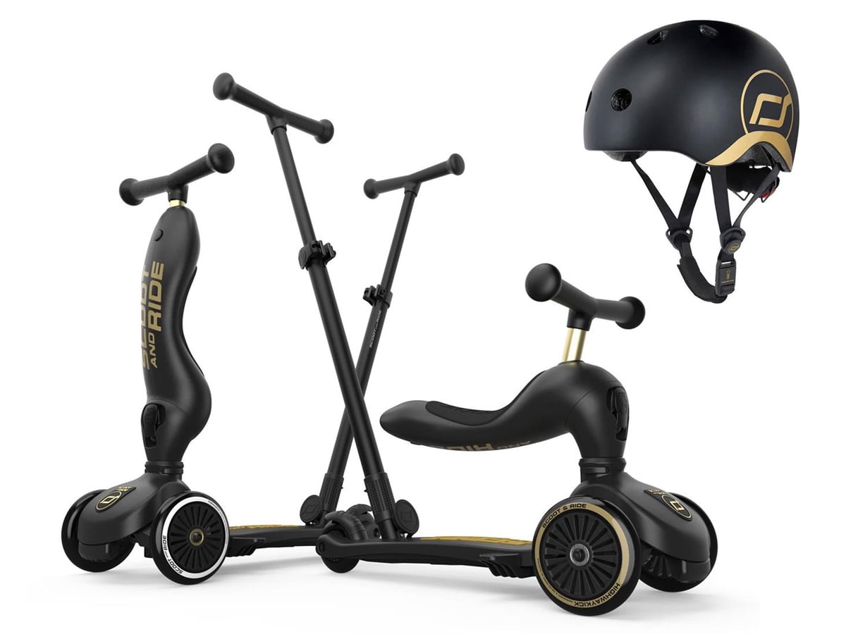 Scoot & Ride Highwaykick 1 Push and Go 2w1 z rączką + kask S-M Black&Gold