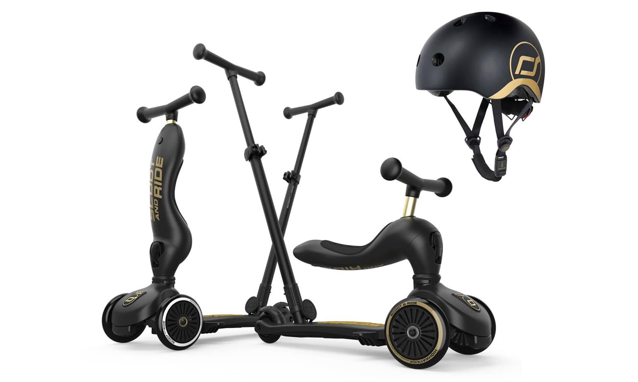 Scoot & Ride Highwaykick 1 Push and Go 2w1 z rączką + kask S-M Black&Gold