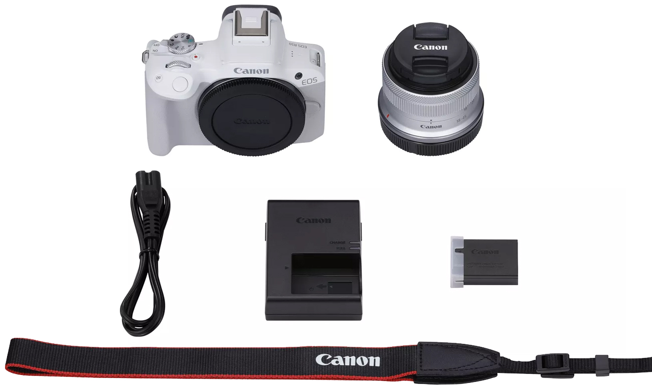Aparat bezlusterkowy Canon EOS R50, biały i obiektyw RF-S 18-45mm F4.5-6.3 IS STM
