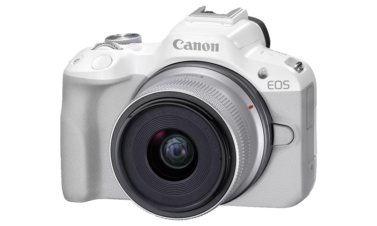 Бездзеркальна камера Canon EOS R50, біла та об’єктив RF-S 18-45mm F4.5-6.3 IS STM