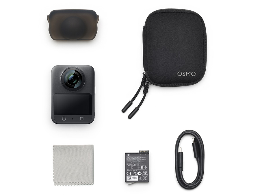 Kompletny zestaw DJI Osmo 360 Standard Combo: kamera, etui, kabel USB-C, bateria, ściereczka i osłona obiektywu