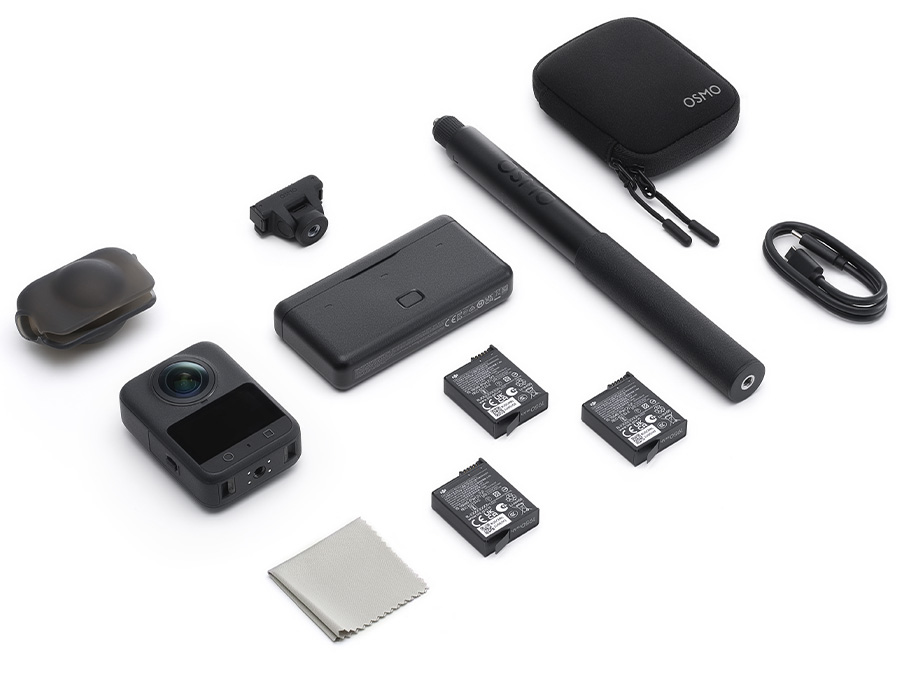 Kompletny zestaw DJI Osmo 360 Adventure Combo: kamera sportowa z obiektywem 360°, osłona obiektywu, trzy akumulatory, ładowarka, przedłużany uchwyt, adapter montażowy, etui, kabel USB-C i ściereczka do czyszczenia