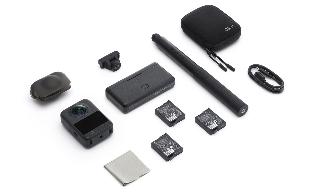 Kompletny zestaw DJI Osmo 360 Adventure Combo: kamera sportowa z obiektywem 360°, osłona obiektywu, trzy akumulatory, ładowarka, przedłużany uchwyt, adapter montażowy, etui, kabel USB-C i ściereczka do czyszczenia