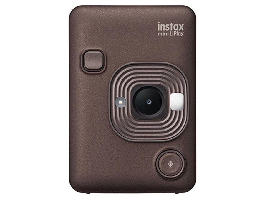 Przód aparatu Fujifilm Instax mini LiPlay z widocznym obiektywem i przyciskiem nagrywania dźwięku