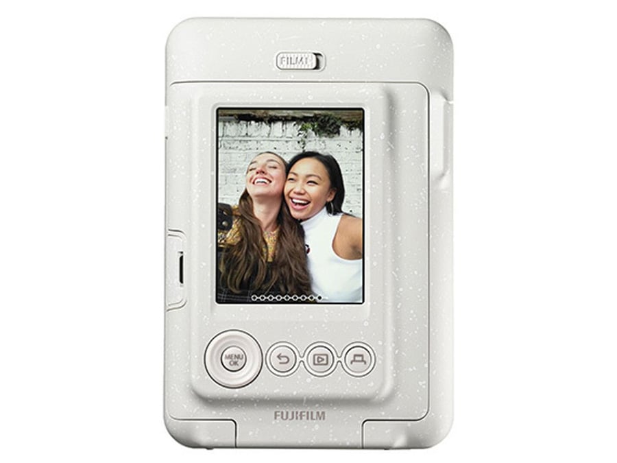 Tylny panel białego aparatu Fujifilm Instax mini LiPlay z ekranem i przyciskami sterującymi