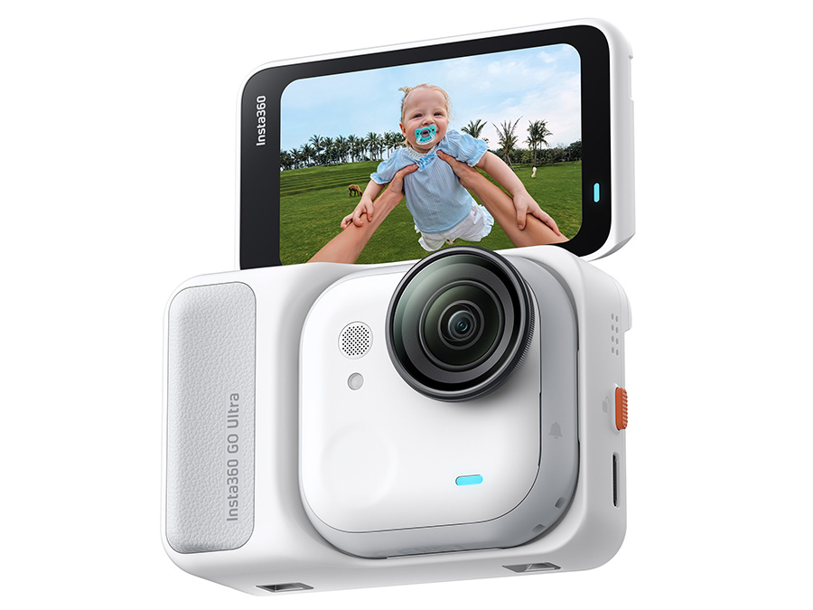 Kamera sportowa Insta360 GO Ultra Arctic White z wyświetlaczem ukazującym nagrany kadr, widoczna w ujęciu produktowym