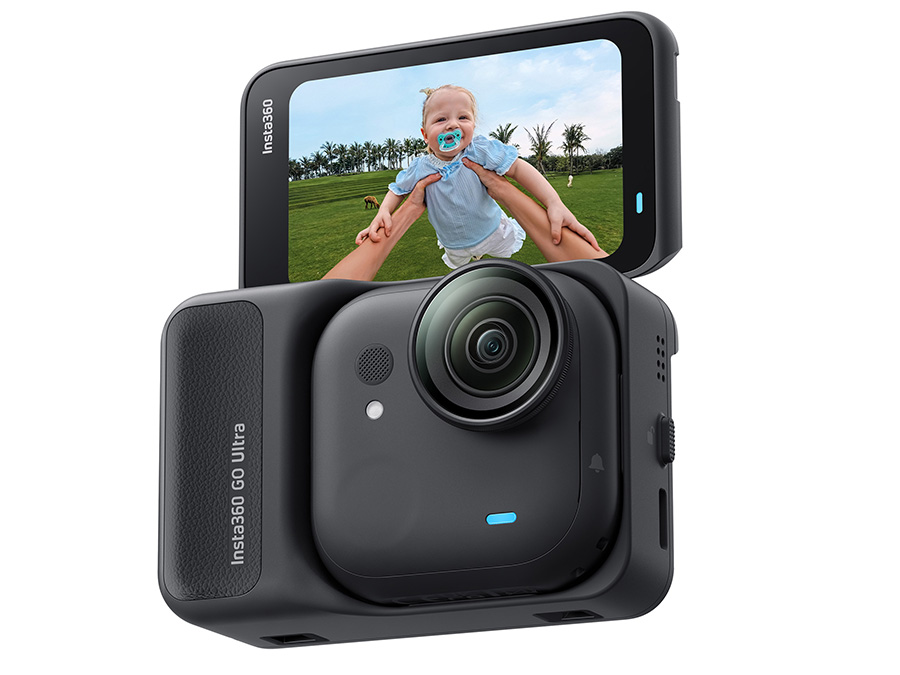 Kamera sportowa Insta360 GO Ultra Midnight Black z wyświetlaczem ukazującym nagrany kadr, widoczna w ujęciu produktowym