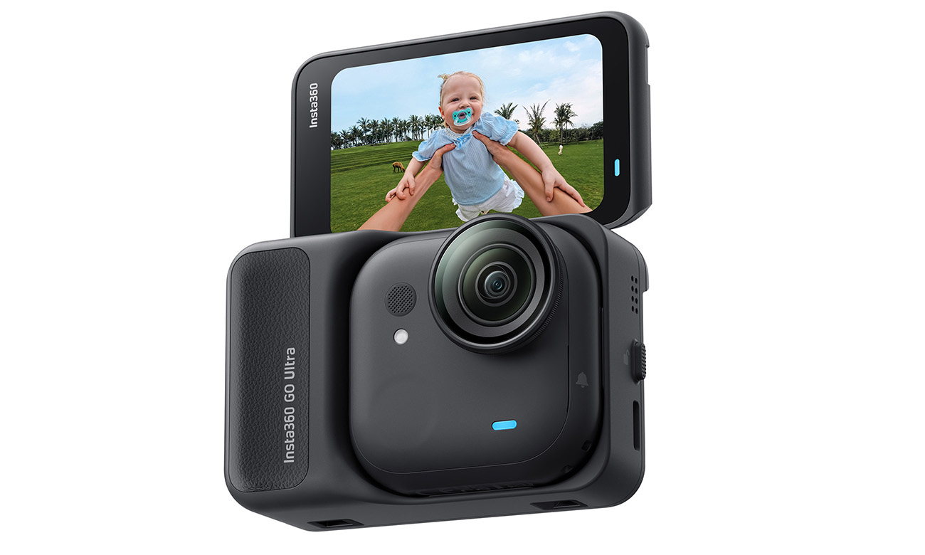 Kamera sportowa Insta360 GO Ultra Midnight Black z wyświetlaczem ukazującym nagrany kadr, widoczna w ujęciu produktowym