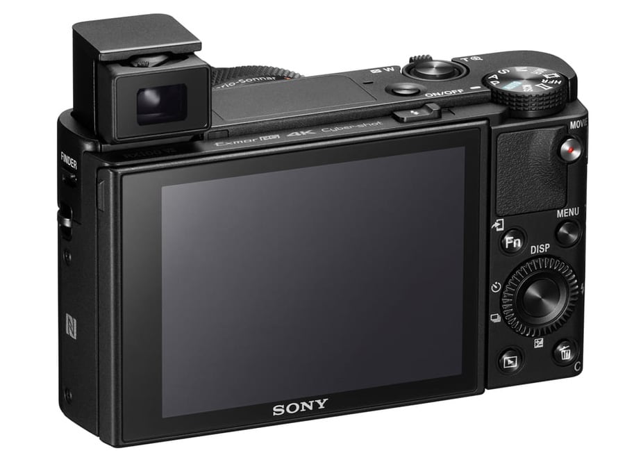 Tylny panel aparatu kompaktowego Sony RX100 VII z odchylonym wizjerem elektronicznym i dużym ekranem LCD